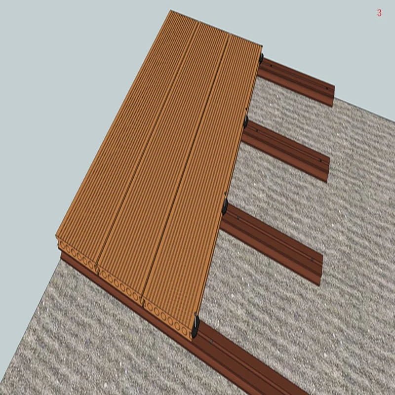 3.Connector Fastening: Secure the deckings in sequence using connectors. Maintain a ~6mm gap for plastic clips and a ~3mm gap for stainless steel clips.